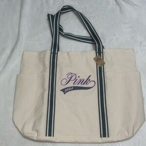 VS Pink large tote bag. Tan light pink and dark green.